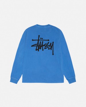 Stussy Basic Stussy LS Tee Pigment Dyed T shirt Erkek Mavi Türkiye | KQH-8581