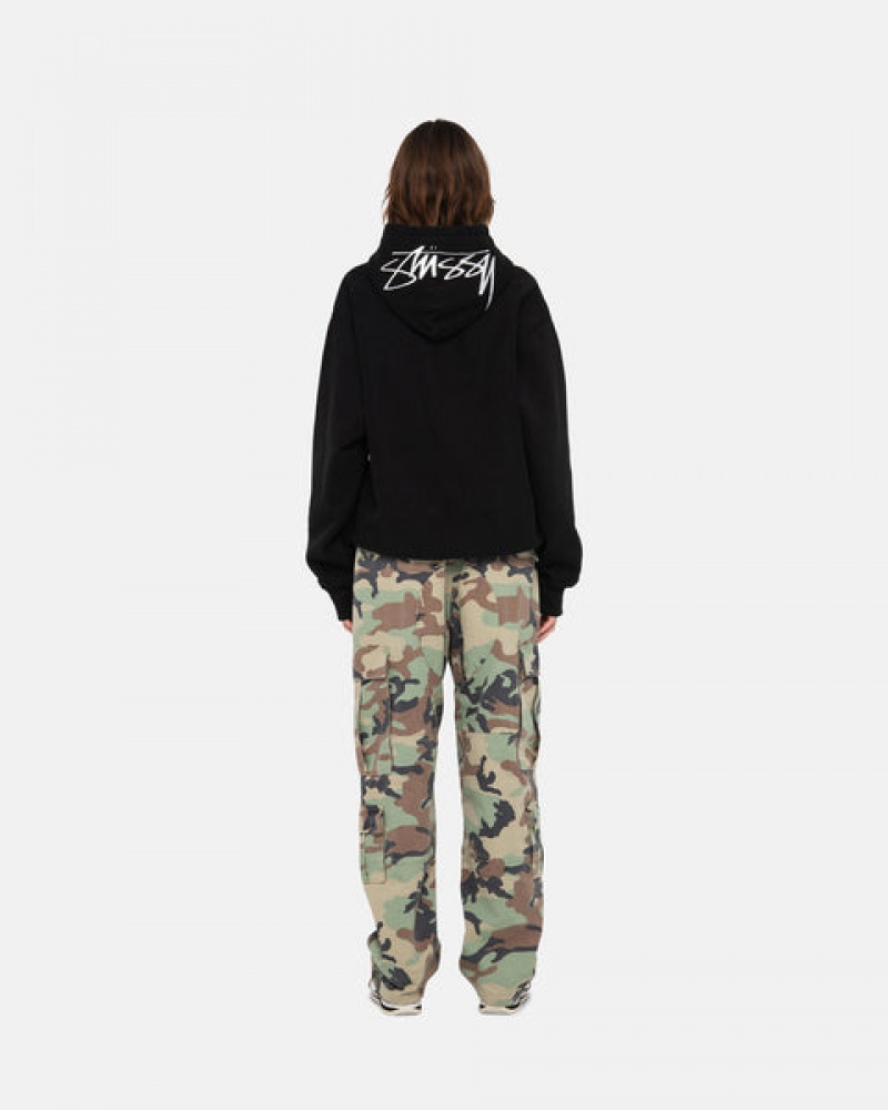 Stussy Back Hood Applique Hoodie Kadın Siyah Türkiye | XQN-6800