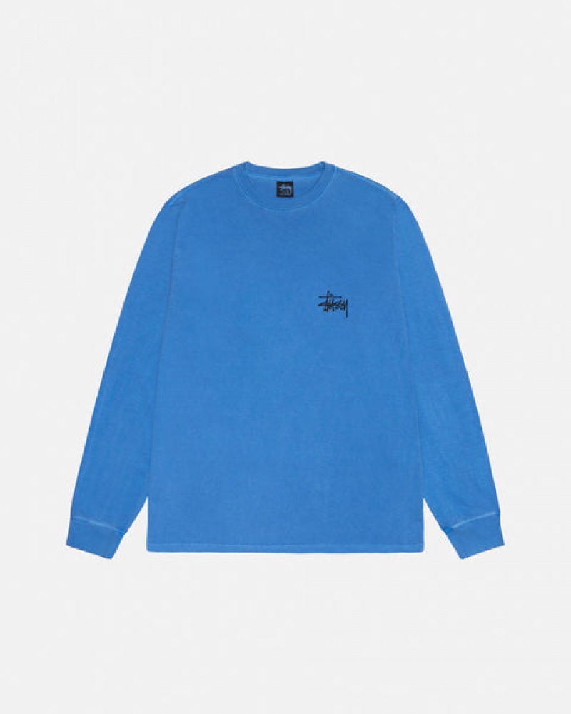 Stussy Basic Stussy LS Tee Pigment Dyed T shirt Kadın Mavi Türkiye | GUV-7862