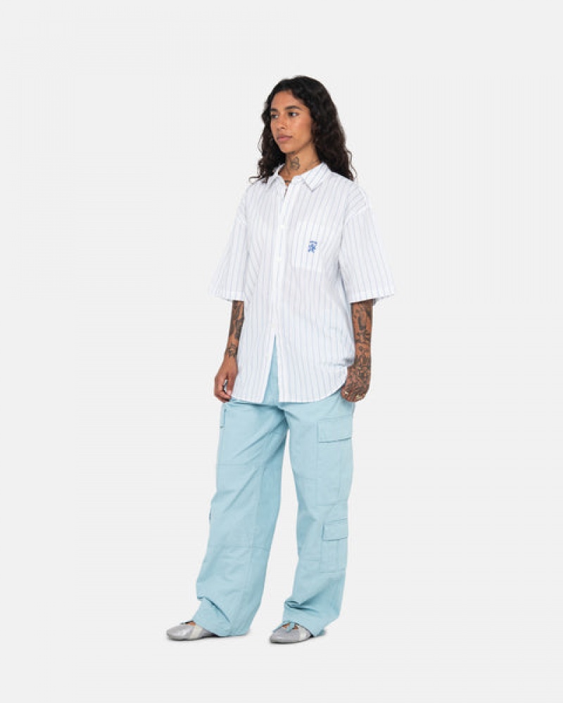 Stussy Boxy Çizgili Shirt Gömlek Erkek Beyaz Türkiye | KZQ-2353