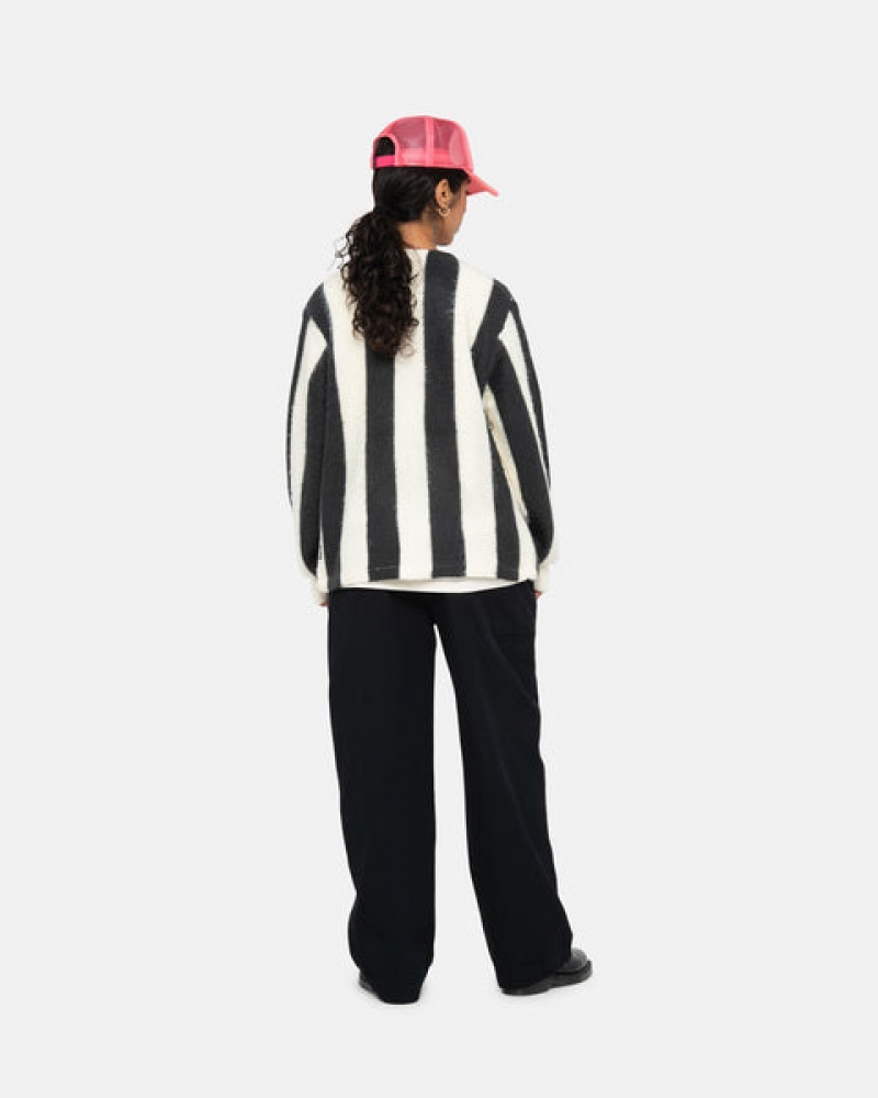Stussy Stripe Brushed Cardigan Kazak Erkek Bej Rengi Türkiye | NHN-1535