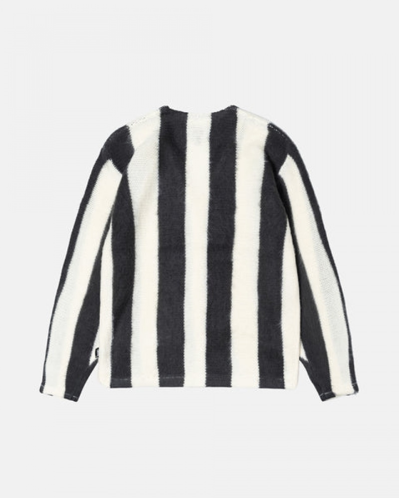 Stussy Stripe Brushed Cardigan Kazak Erkek Bej Rengi Türkiye | NHN-1535