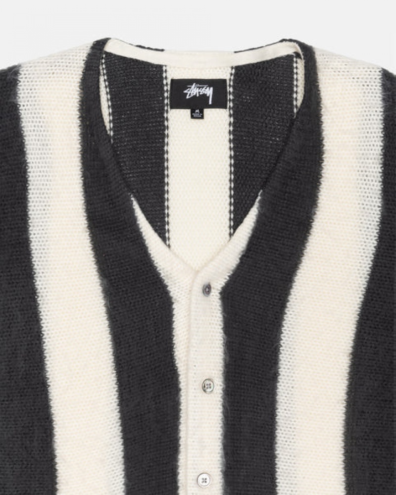 Stussy Stripe Brushed Cardigan Kazak Erkek Bej Rengi Türkiye | NHN-1535