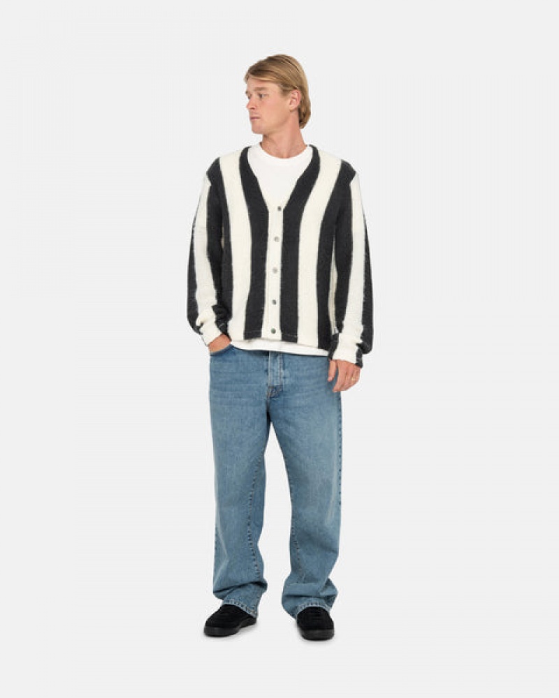Stussy Stripe Brushed Cardigan Kazak Erkek Bej Rengi Türkiye | NHN-1535