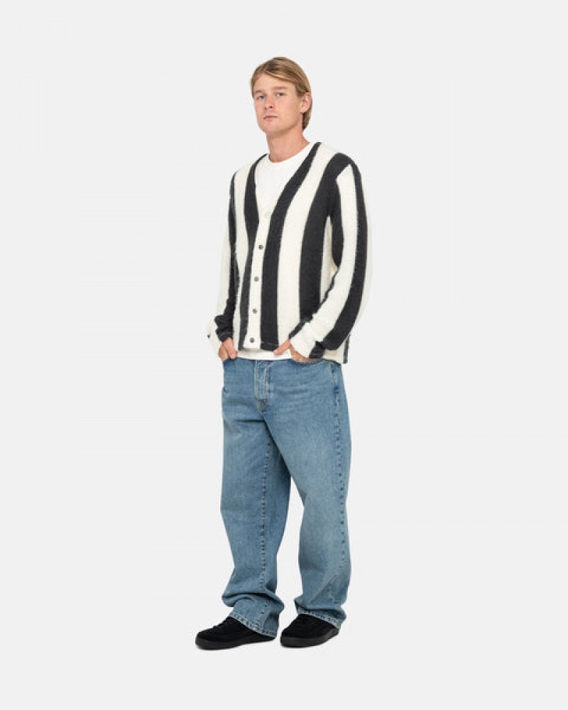 Stussy Stripe Brushed Cardigan Kazak Erkek Bej Rengi Türkiye | NHN-1535