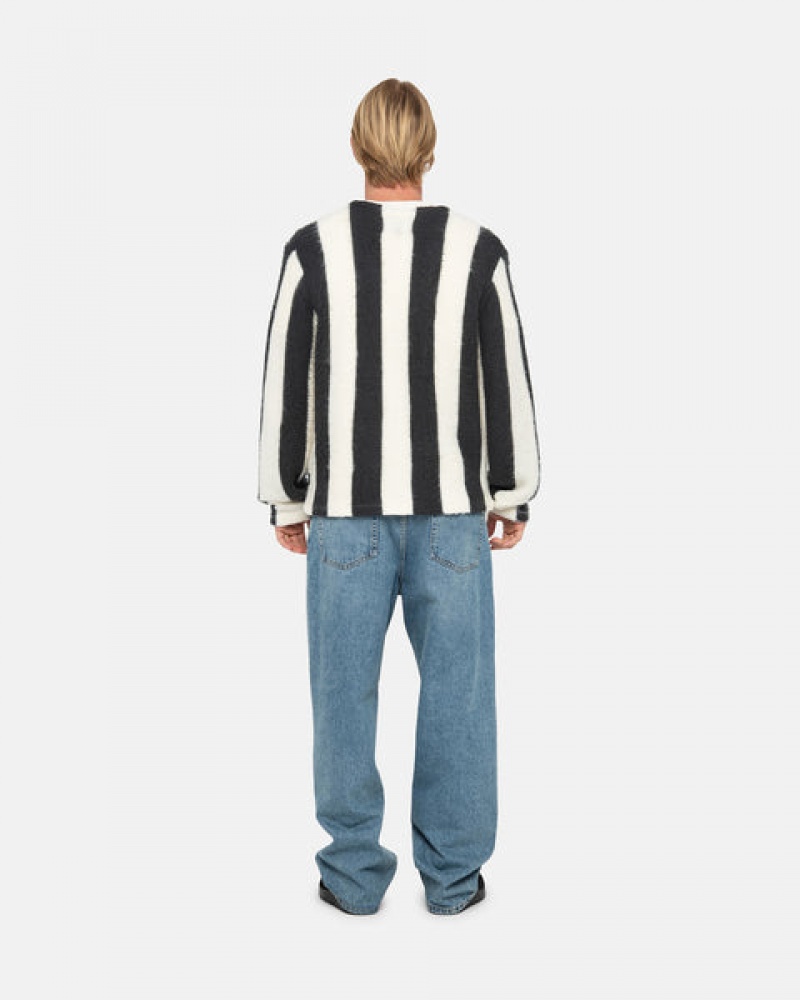 Stussy Stripe Brushed Cardigan Kazak Erkek Bej Rengi Türkiye | NHN-1535