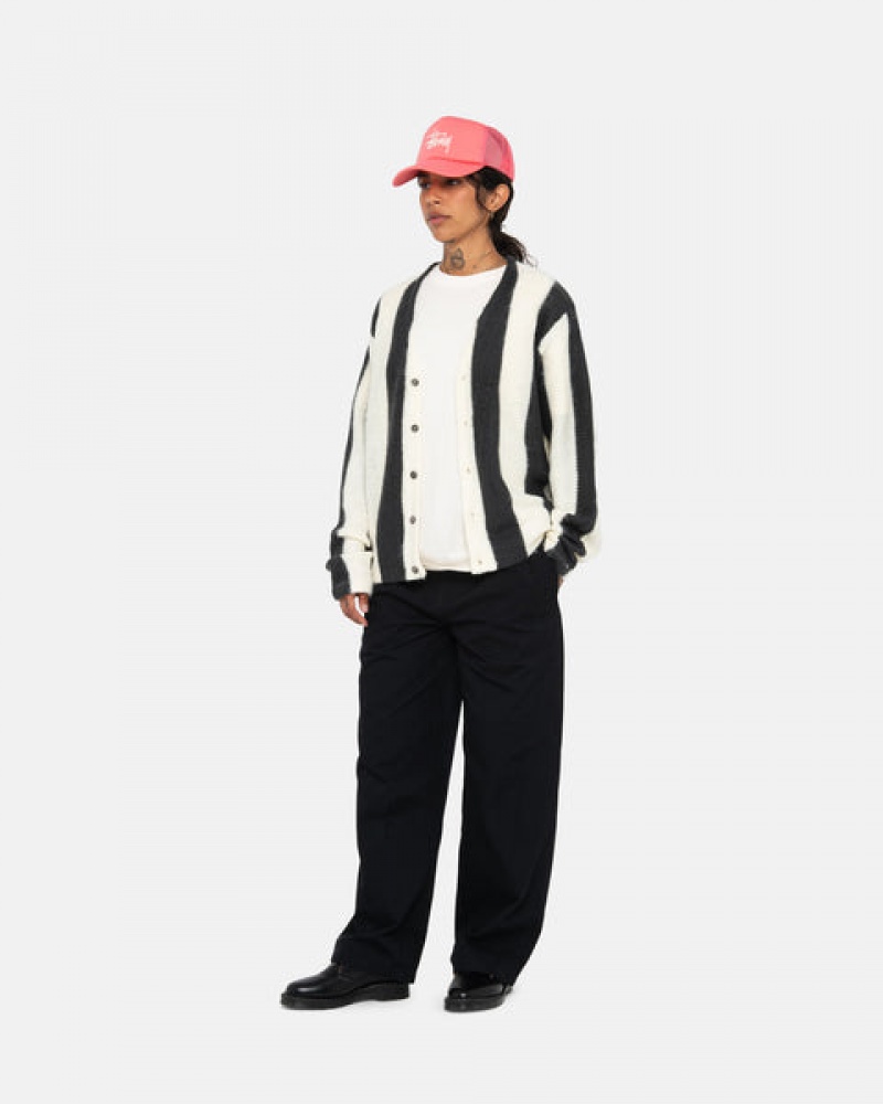 Stussy Stripe Brushed Cardigan Kazak Erkek Bej Rengi Türkiye | NHN-1535