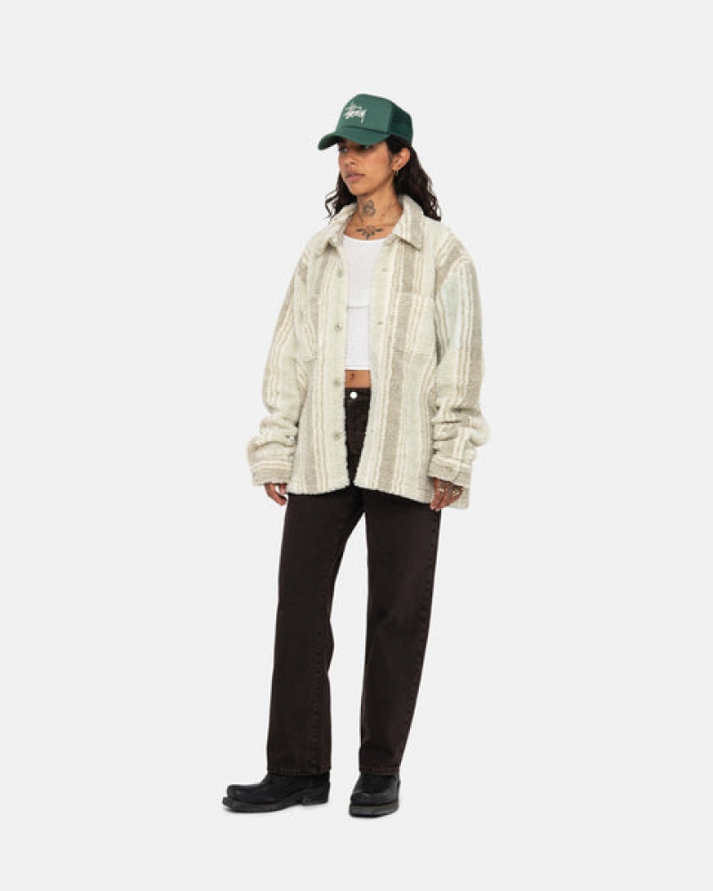 Stussy Çizgili Sherpa Shirt Gömlek Ceket Erkek Bej Rengi Türkiye | HGD-4174