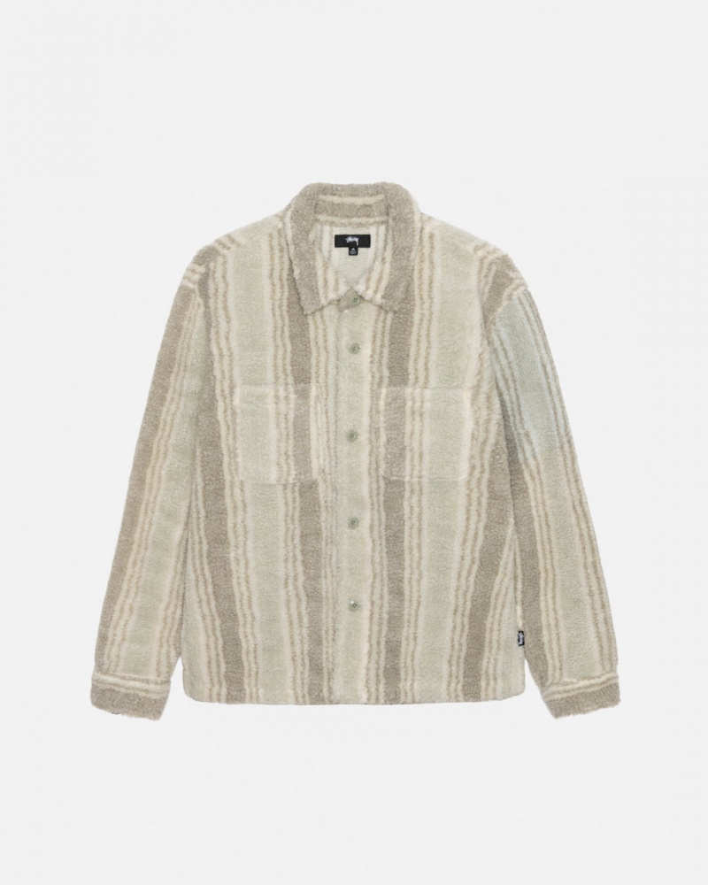Stussy Çizgili Sherpa Shirt Gömlek Ceket Erkek Bej Rengi Türkiye | HGD-4174