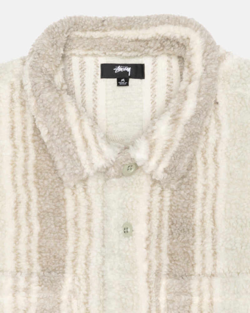 Stussy Çizgili Sherpa Shirt Gömlek Ceket Kadın Bej Rengi Türkiye | AMR-5320