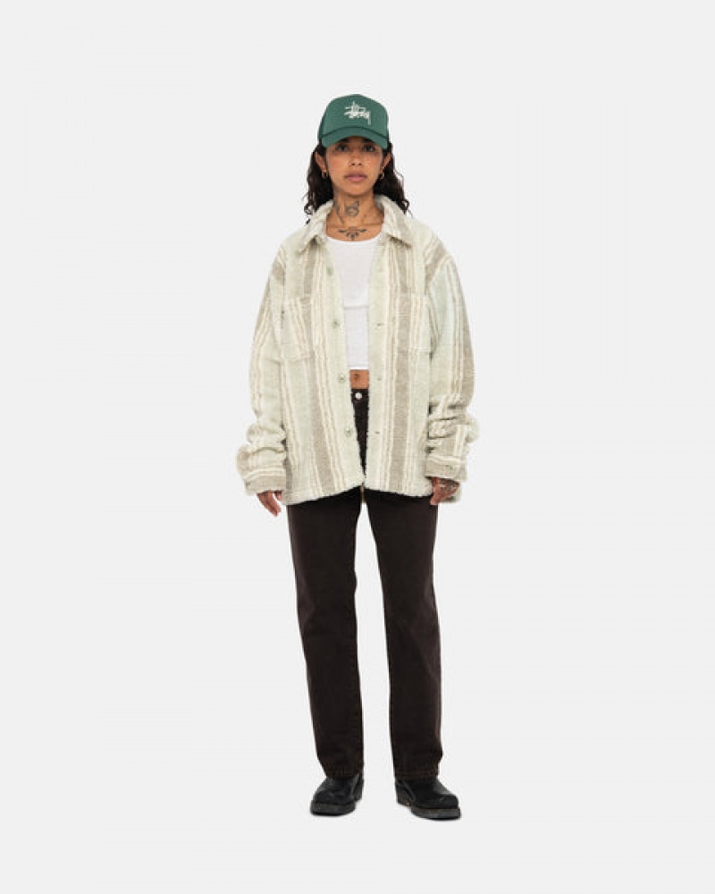 Stussy Çizgili Sherpa Shirt Gömlek Ceket Kadın Bej Rengi Türkiye | AMR-5320